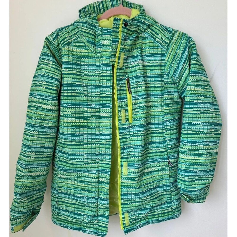 Columbia Girls Size L 14/16 Hooded Jacket Green Blue Geometric Print